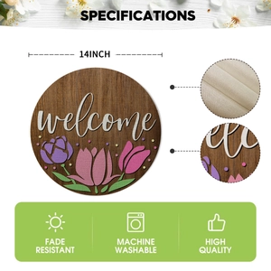 Detail of 14 inch round floral welcome placemat with fade resistant and washable fabric