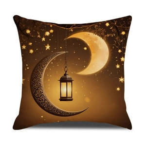 Golden Ramadan decorative square pillowcase featuring moon and lantern print for sofa decor