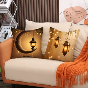 Golden moon and lantern print pillow covers on sofa for festive Middle Eastern home decor