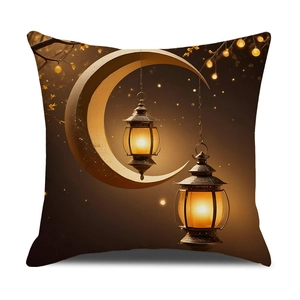 Square Ramadan pillow cover with gold crescent moon and glowing lantern print on white back
