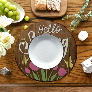 Round Linen Wood Grain Placemats Heat Resistant Floral Tulip Sunflower Dining Table Mats For Home Wedding Kitchen Decor