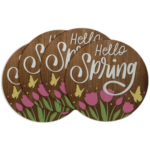 Set of 4 round floral placemats with Hello Spring text and colorful tulip patterns