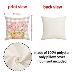 Pink tulip and grey plaid square pillow cover 18x18 inch made of 100% polyester fabric