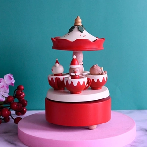 Boîte à musique mécanique en bois de Noël avec Père Noël et figurines rotatives