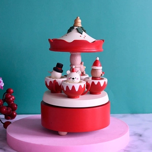 Boîte à musique de Noël en bois avec figurines rotatives du Père Noël et d'un bonhomme de neige