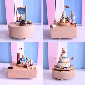 Wooden Music Box Mechanical Rotary Beech Wood Cartoon Fairy Tale Theme Ornament Gift For Birthday Wedding Home Decor