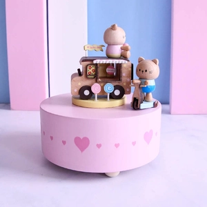 Mechanical wooden music box featuring cute cats, ice cream truck and heart-patterned base