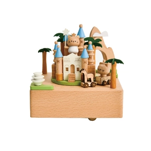 14cm wooden castle music box with mechanical rotating cat figures and horses