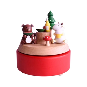Retro mechanical wooden music box featuring a 11cm cartoon forest picnic bear and sheep design