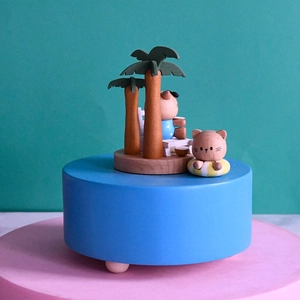 European painted wooden music box with summer beach cats and palm trees scenery