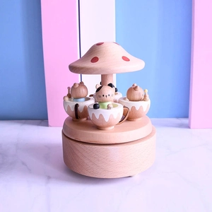 Beech Wood Rotating Mushroom Cat Music Box Mechanical Wind Up Musical Box Home Decoration Desktop Ornament Gift For Kids