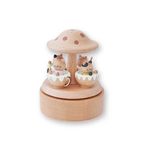 Handcrafted beech wood mushroom music box featuring rotating cats in coffee cups