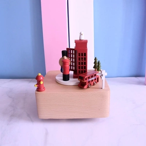 London themed wooden music box featuring a red telephone booth and double decker bus