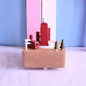 London themed wooden music box with red double-decker bus, telephone booth and mailbox