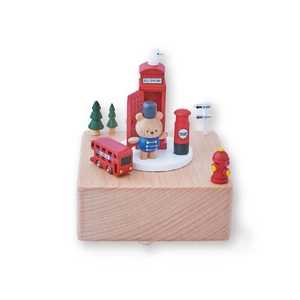 London themed wooden music box with red telephone booth and double-decker bus on a wood base