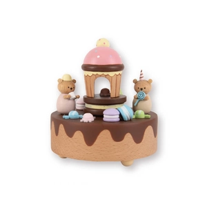 Boîte à musique en bois thème ours et desserts avec figurines peintes à la main