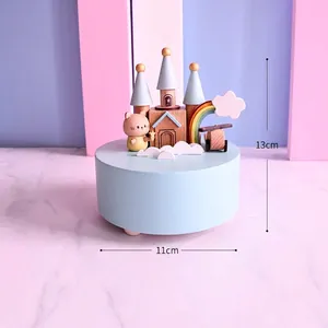 Blue wooden helicopter music box with rainbow castle and cat figurine for boys