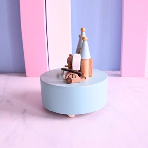 Blue wooden music box with castle and helicopter for boy's creative birthday gift