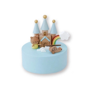 Blue wooden helicopter and castle music box for boys gift with cloud and rainbow details
