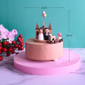European wooden wedding music box with church and figures, 14cm tall creative decor