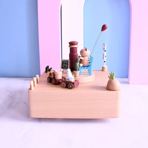 British style 14cm wooden music box with rotating cat and train on marble table