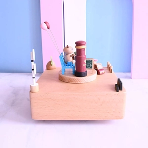 British style wooden music box with cat and postbox scene for desk decor gift