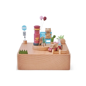 British style 14cm wooden music box with cat postman and red miniature car figurines