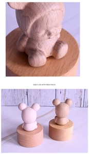 Detail of hand-carved wooden music box showing smooth wood grain and cute bear design