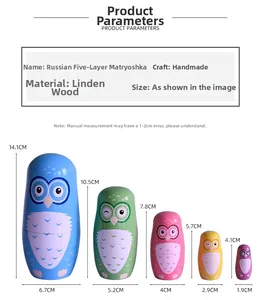 Spécifications de taille pour les poupées russes hibou bleu à cinq couches