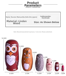 Size chart for 6-layer wooden owl nesting dolls showing detailed height and width specs