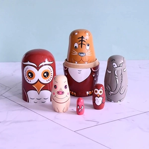 Wooden Russian Nesting Dolls Animal Pattern Owl Tiger Elephant Pig Cartoon Home Decoration Toy Hand Painted Ornament