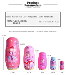 Size chart showing five pink handmade lotus wood fairy nesting dolls with dimensions