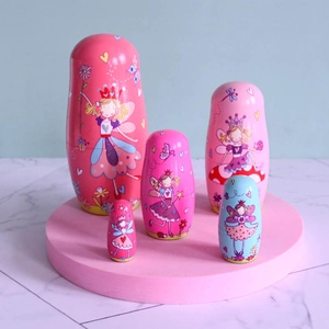 5-piece pink wooden Russian nesting dolls set with fairy princess theme for girls gift