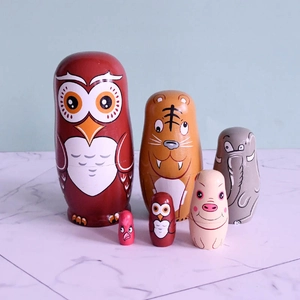 Hand-painted wooden owl animal nesting dolls set of 6 for minimalist home decor and toys