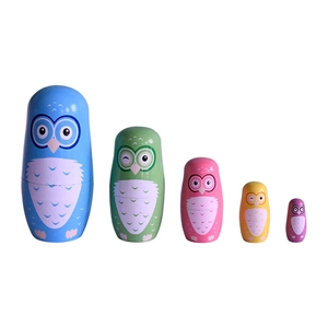 Lot de 5 poupées russes chouette en bois bleu avec motifs de dessins animés peints à la main