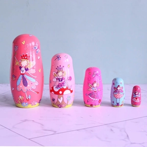 Detail of 5pcs pink fairy princess wooden nesting dolls set in various sizes