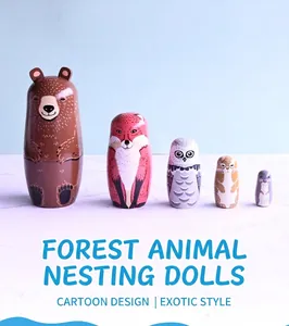 Set of 5 nesting dolls featuring hand-painted forest animals like bear and fox