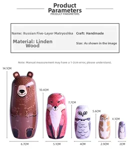 Detail view of five-piece set of handmade wooden animal-themed nesting dolls with dimensions