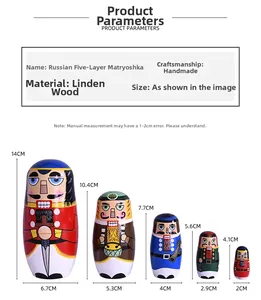 Size chart showing 5-layer nutcracker nesting dolls in various heights and diameters