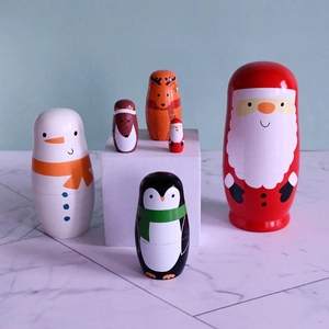 Weihnachten Matroschka Holz Handbemalt Stapelpuppen Weihnachtsmann Schneemann Rentier Pinguin Für Kinder Home Dekor Geschenk