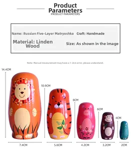 Tableau des tailles détaillé montrant les dimensions des poupées russes en bois animaux
