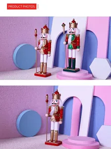 Macro detail of 30cm wooden nutcracker soldiers with red gold sequins and golden scepter