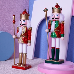 Wooden Nutcracker King Soldier Figurine With Sequins Hand Painted Christmas Ornament For Home Holiday Desktop Decoration