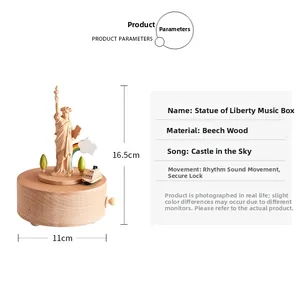 Detail view of Statue of Liberty wooden music box made of high-quality beech wood material