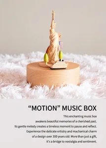 Detailed close-up of 3D wooden Statue of Liberty music box with ship and tree miniatures