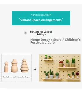 Nordic wooden figurines set featuring family figures, snowman and tree on a wall pegboard