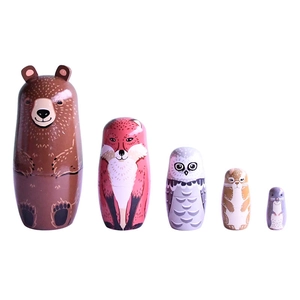 5-piece wooden nesting dolls with hand-painted forest animals like bear and fox