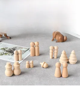 Close-up of assorted Nordic wooden craft figurines showcasing natural grain and smooth texture