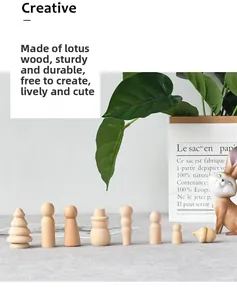 Detail of 8-piece DIY unfinished lotus wood peg dolls and trees for creative painting