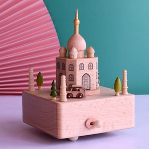Boîte à musique Taj Mahal en bois de hêtre avec voiture miniature et arbres décoratifs